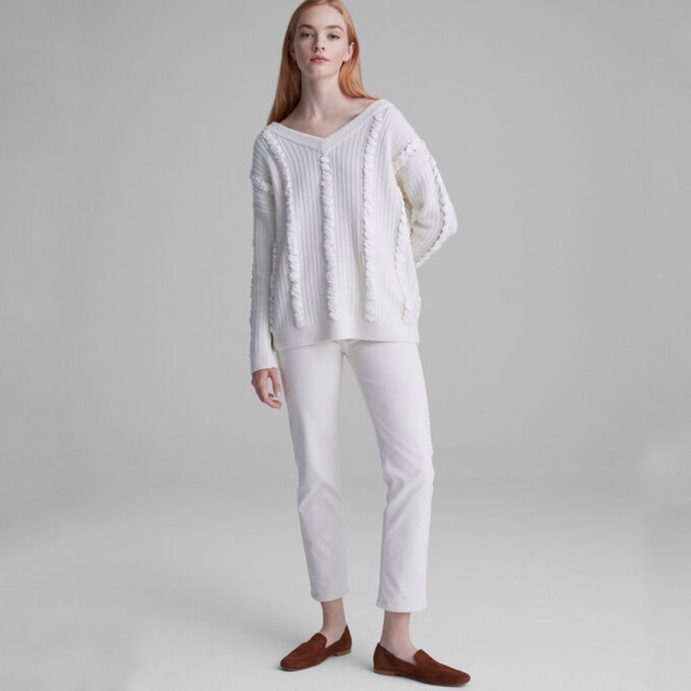 Club Monaco Woven Detail Wool Blend V Neck Sweater Ivory Medium